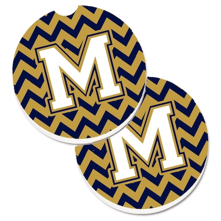 Letter M Chevron Navy Blue And Gold Set Of 2 Cup Holder Car Coaster